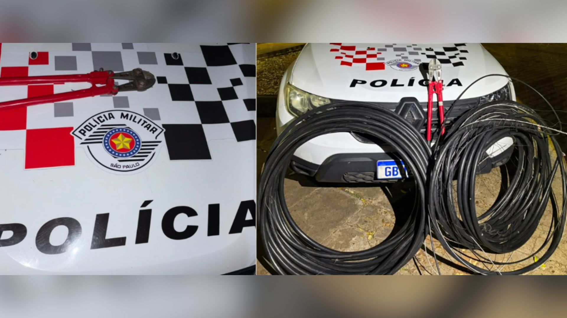 Foram apreendidos 100 metros de fiação e um alicate.